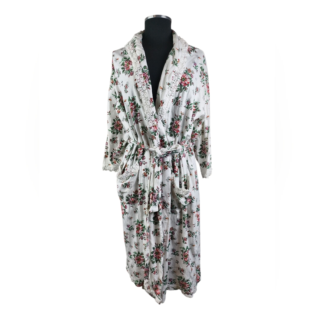 Carina Rose Women S Vintage Floral Cotton Robe Lace Trims Cottagecore Sleepwear